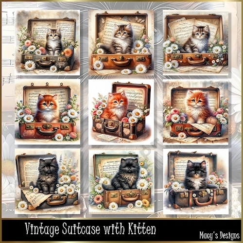 Vintage Suitcase with Kitten - Illustrations for Cards, Mini kits & Designers