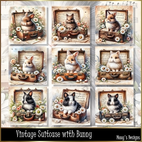 Vintage Suitcase with Bunny - Illustrations for Cards, Mini kits & Designers