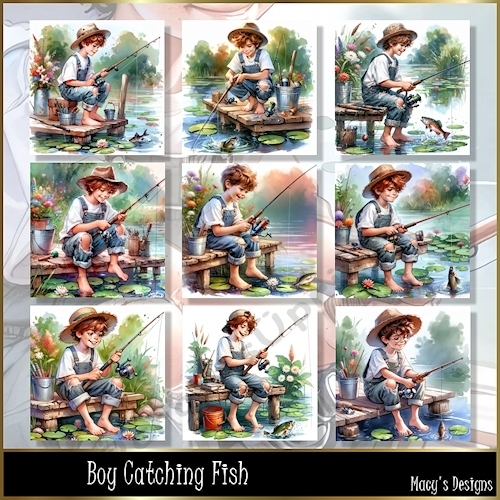 Boy Catching Fish - Illustrations for Cards, Mini kits & Designers