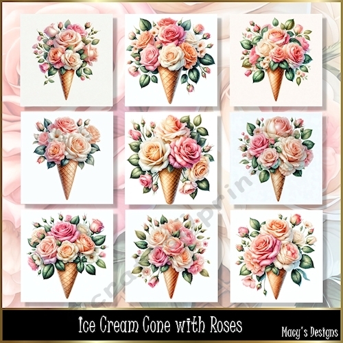 Ice Cream Cone with Roses - Illustrations for Cards, Mini kits & Designers