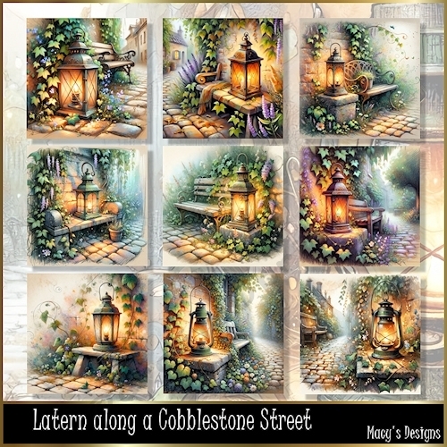 Latern along a CobbleStone Street - Illustrations for Cards, Mini kits & Designers