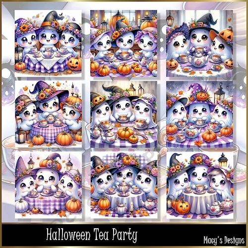 Halloween Tea Party - Illustrations for Cards, Mini kits & Designers
