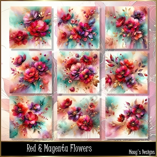 Red Magenta flowers -Illustrations for Cards, Mini kits & Designers