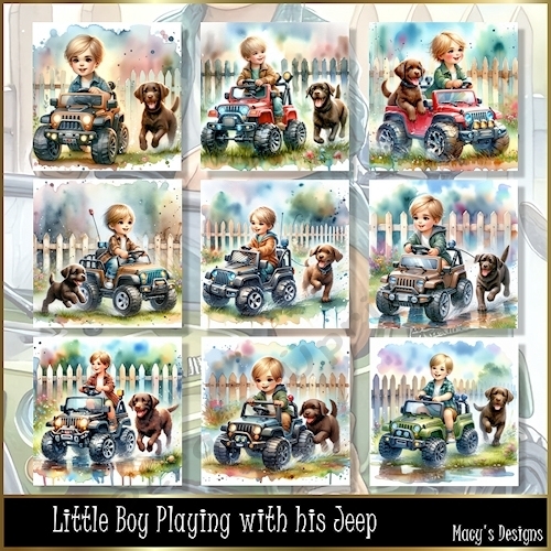Little Boy Playing with his Jeep -Illustrations for Cards, Mini kits & Designers