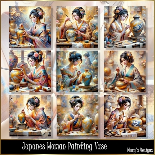 Japanese Woman Painting Vase - Illustrations for Cards, Mini kits & Designers