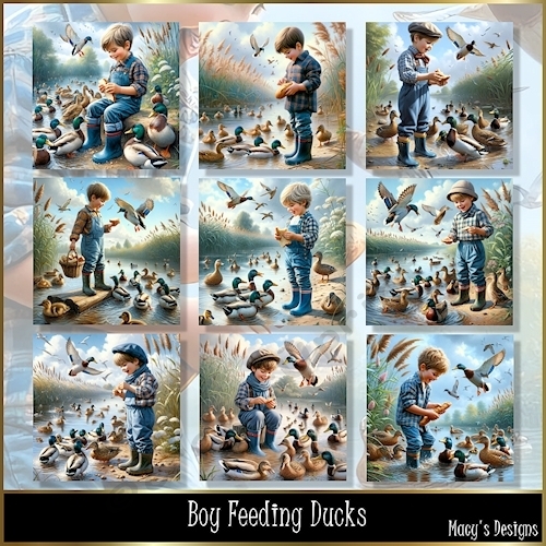 Boy Feeding Ducks - Illustrations for Cards, Mini kits & Designers
