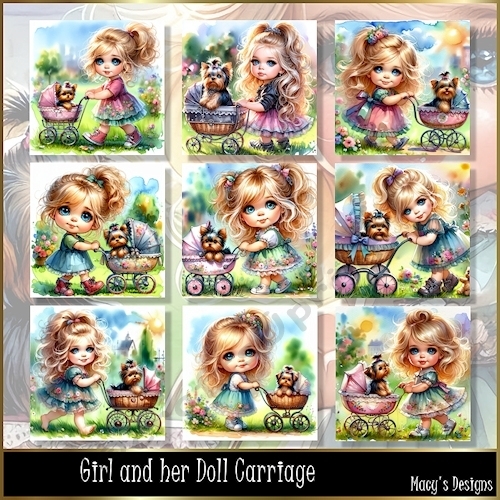 Girl and her Doll Carriage - Illustrations for Cards, Mini kits & Designers