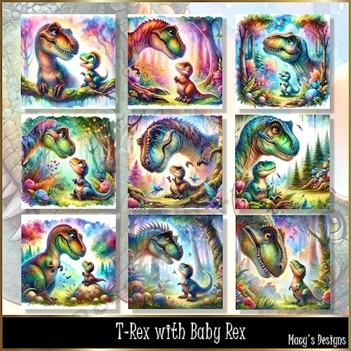 T Rex with Baby Rex - Illustrations for Cards, Mini kits & Designers