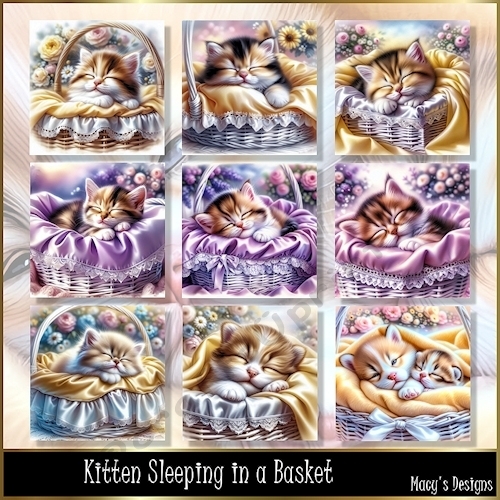 Kitten Sleeping in Basket - Illustrations for Cards, Mini kits & Designers