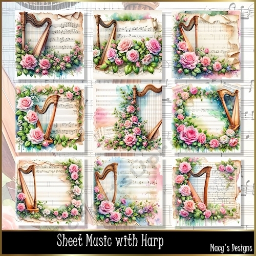 Sheet Music with Harp - Illustrations for Cards, Mini kits & Designers