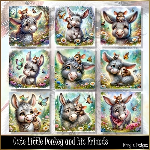 Cute Little Donkey and his Friends - Illustrations for Cards, Mini kits & Designers