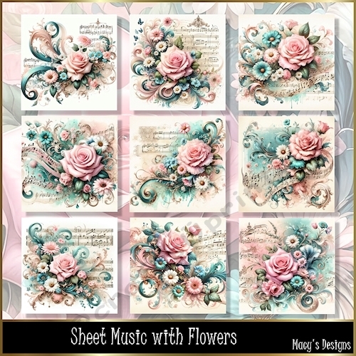 Sheet Music with Flowers - Illustrations for Cards, Mini kits & Designers