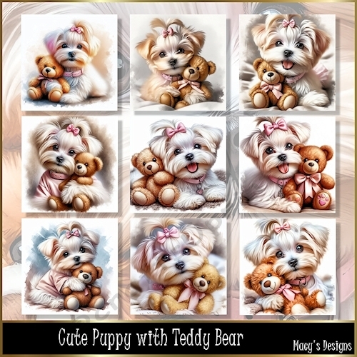 Cute Puppy with Teddy Bear  - Illustrations for Cards, Mini kits & Designers