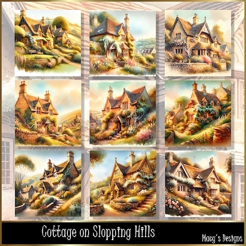 Autumn Cottage on Slopping Hills  - Illustrations for Cards, Mini kits & Designers