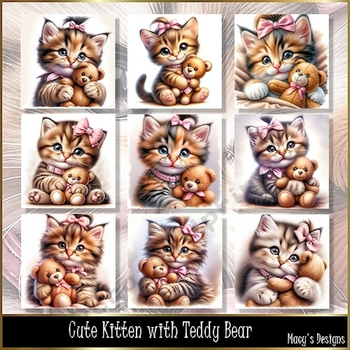Cute Kitten with Teddy Bear - Illustrations for Cards, Mini kits & Designers