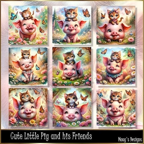 Cute Little Pig and his Friends - Illustrations for Cards, Mini kits & Designers