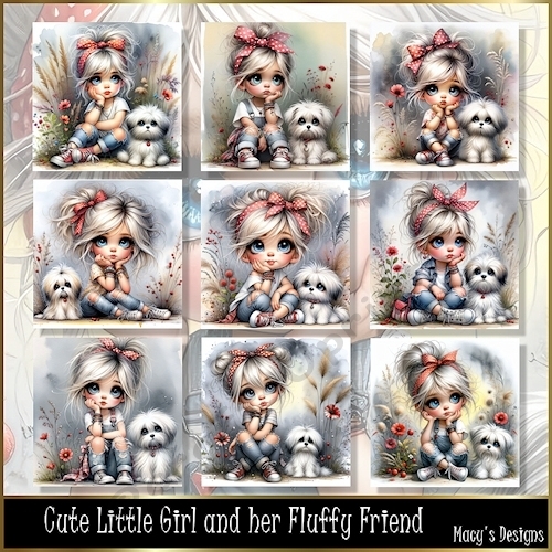 Cute Little Girl and her Fluffy Friend - Illustrations for Cards, Mini kits & Designers
