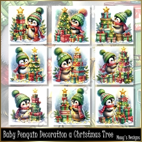 Baby Penquin Decoration a Christmas Tree - Illustrations for Cards, Mini kits & Designers