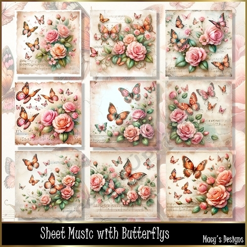 Sheet Music with Butterflys - Illustrations for Cards, Mini kits & Designers