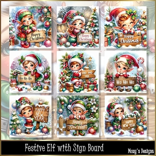 Festive Elf with Sign Board - Illustrations for Cards, Mini kits & Designers