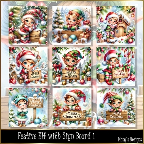 Festive Elf with Sign Board 1 - Illustrations for Cards, Mini kits & Designers