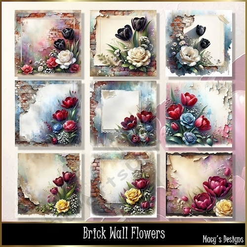 Brick Flower Wall - Illustrations for Cards, Mini kits & Designers