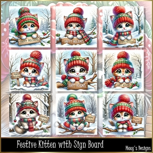 Festive Kitten with sign Board - Illustrations for Cards, Mini kits & Designers
