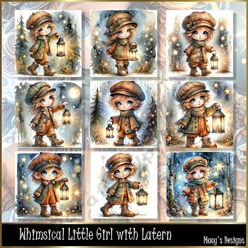 Whimsical Little Girl with Latern - Illustrations for Cards, Mini kits & Designers