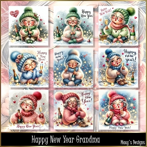 Happy New Year Grandma - Illustrations for Cards, Mini kits & Designers