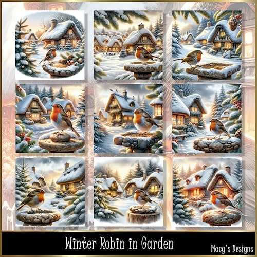 Winter Robin in Garden - Illustrations for Cards, Mini kits & Designers