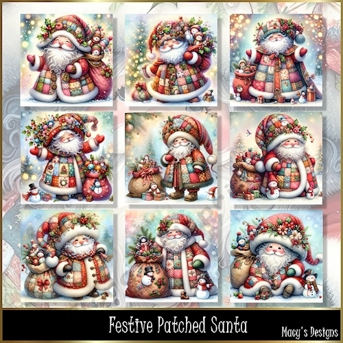 Festive Patched Santa - Illustrations for Cards, Mini kits & Designers