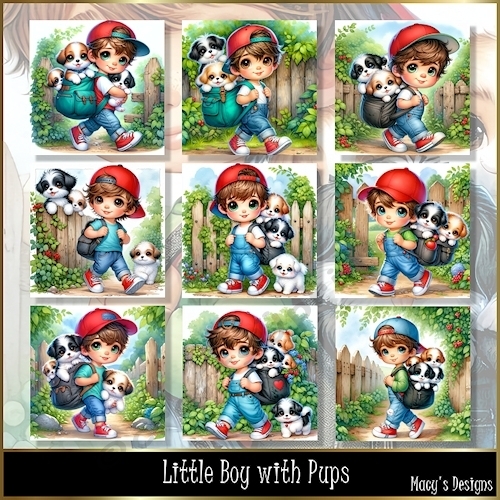 Little Boy with Pups - Illustrations for Cards, Mini kits & Designers