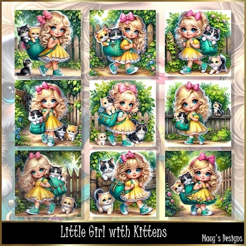 Little Girl with Kittens - Illustrations for Cards, Mini kits & Designers