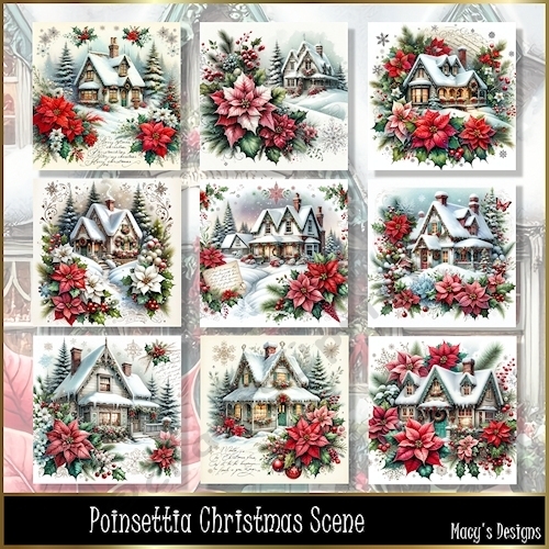 Poinsettia Christmas Scene - Illustrations for Cards, Mini kits & Designers