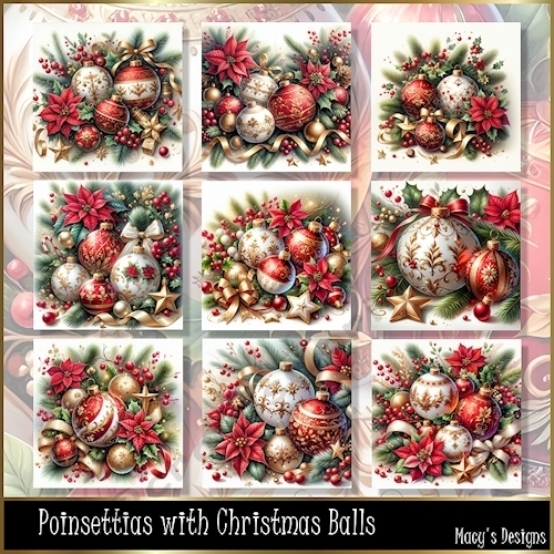 Poinsettias with Christmas Balls - Illustrations for Cards, Mini kits & Designers