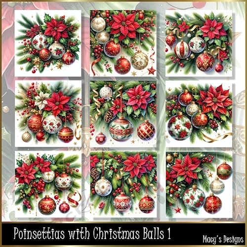 Poinsettias with Christmas Balls 1 - Illustrations for Cards, Mini kits & Designers