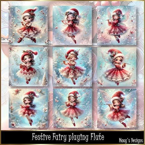 Festive Fairy playing Flute - Illustrations for Cards, Mini kits & Designers