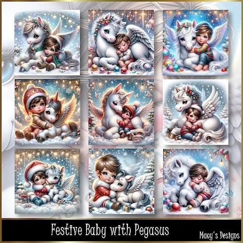 Festive Baby with Pegasus - Illustrations for Cards, Mini kits & Designers