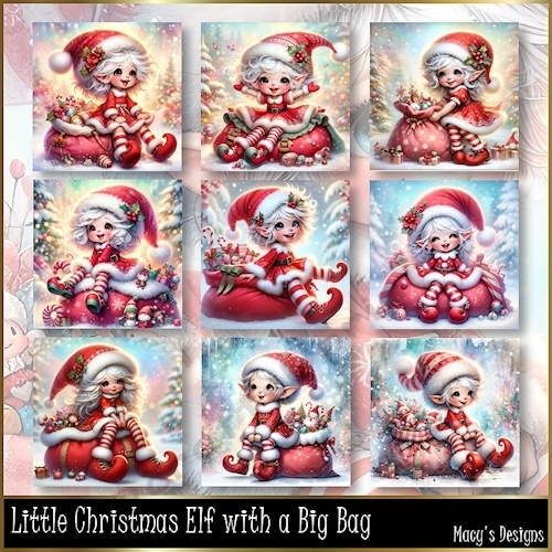 Little Christmas Elf with a Big Bag - Illustrations for Cards, Mini kits & Designers