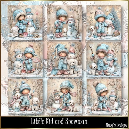 Little Kid and Snowman - Illustrations for Cards, Mini kits & Designers