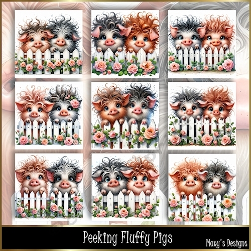 Peeking Fluffy Pigs - Illustrations for Cards, Mini kits & Designers