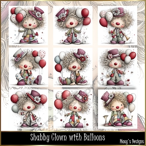 Shabby Clown with Balloons - Illustrations for Cards, Mini kits & Designers