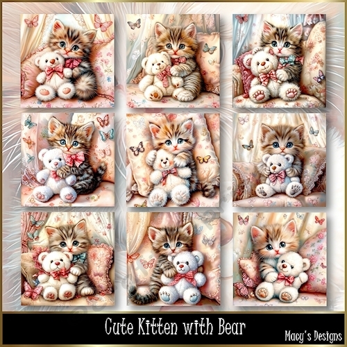 Cute Kitten with Bear - Illustrations for Cards, Mini kits & Designers