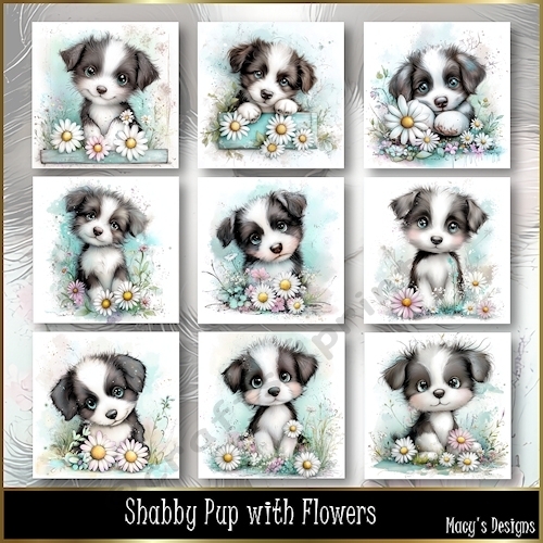 Shabby Pup with Flowers - Illustrations for Cards, Mini kits & Designers