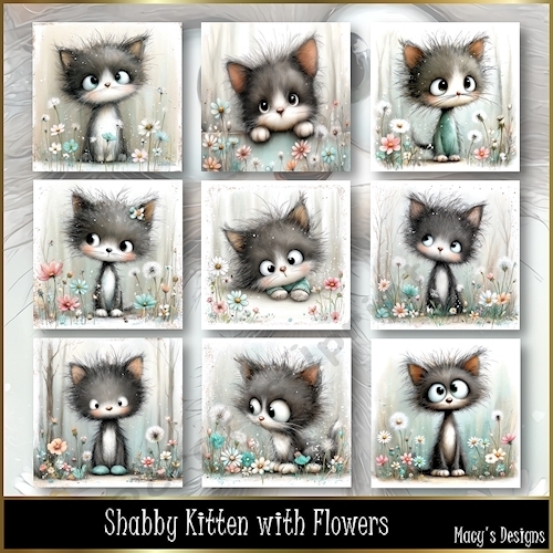 Shabby Kitten with Flowers - Illustrations for Cards, Mini kits & Designers