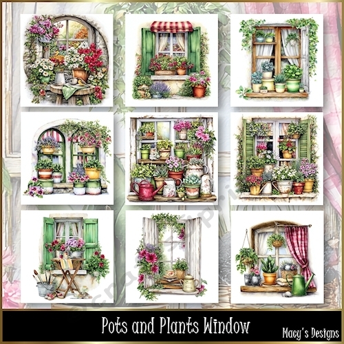 Pots and Plants Window - Illustrations for Cards, Mini kits & Designers