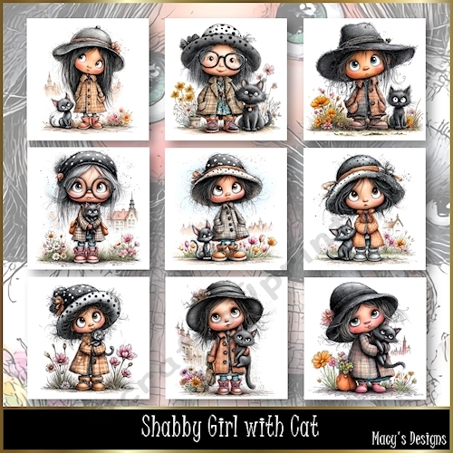 Shabby Girl with Cat - Illustrations for Cards, Mini kits & Designers