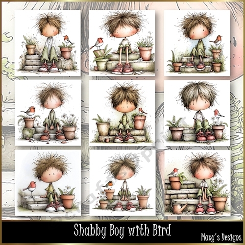 Shabby Boy with Bird - Illustrations for Cards, Mini kits & Designers