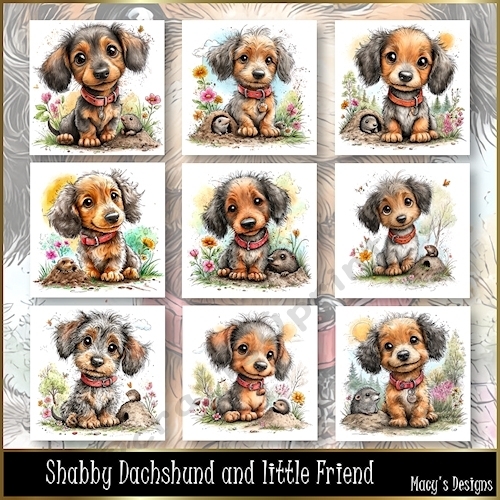 Shabby Dachshund and Friend -Illustrations for Cards, Mini kits & Designers