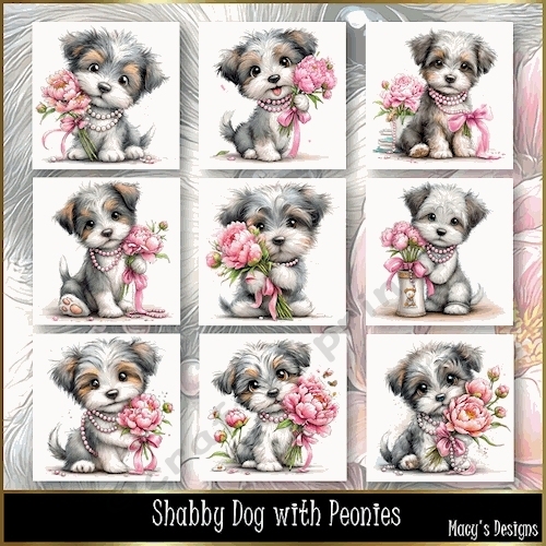 Shabby Dog with Peonies -Illustrations for Cards, Mini kits & Designers